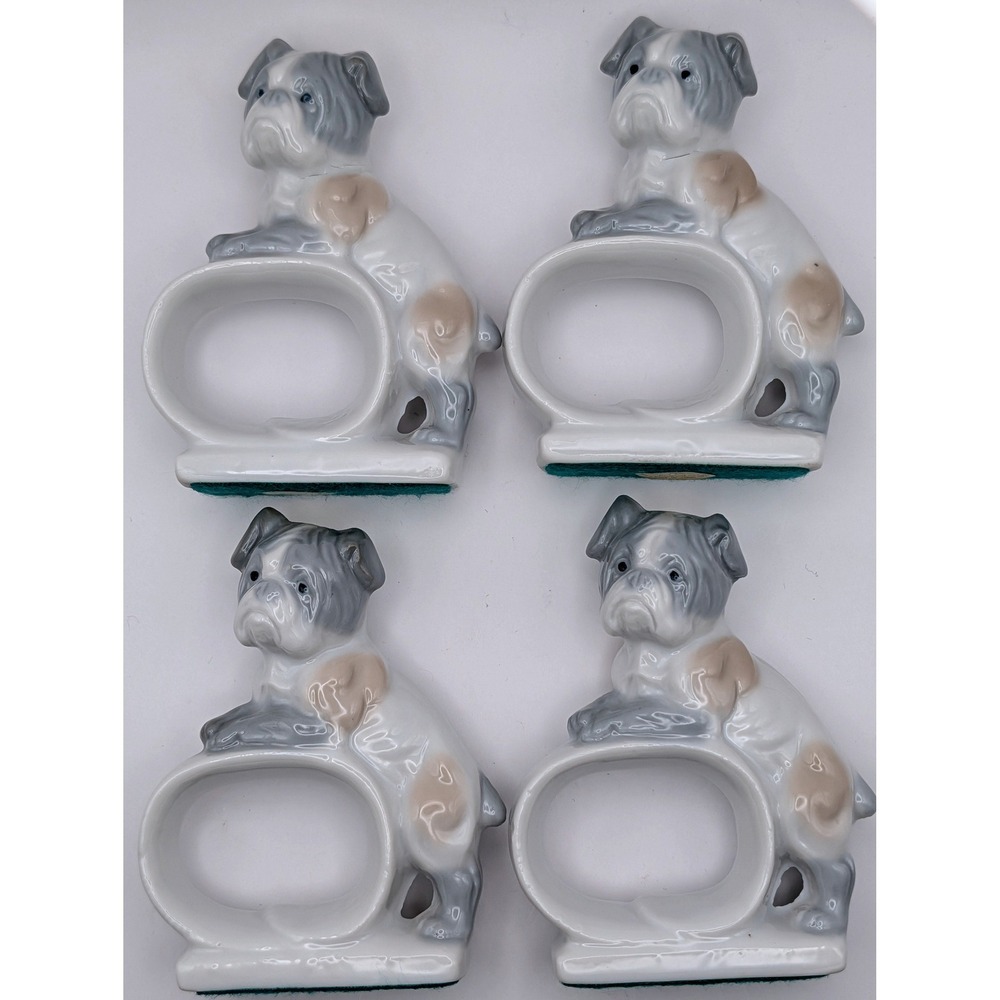 Vintage Takahashi San Francisco Porcelain Bulldog Napkin Rings Set of 4 Japan